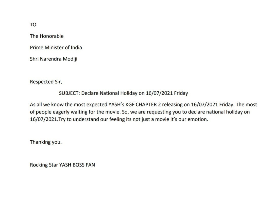 yash fans letter to prime minister