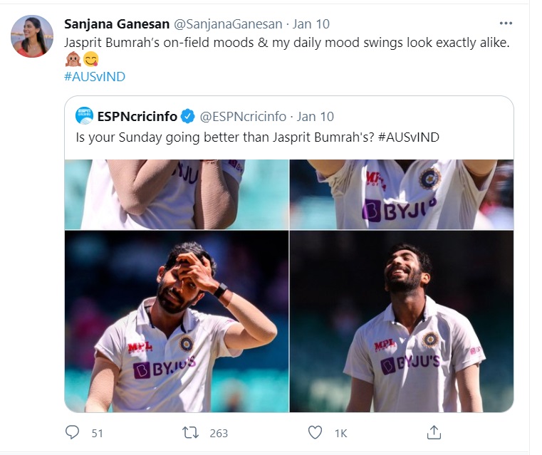 sanjana ganesan reply to tweet on bumrah