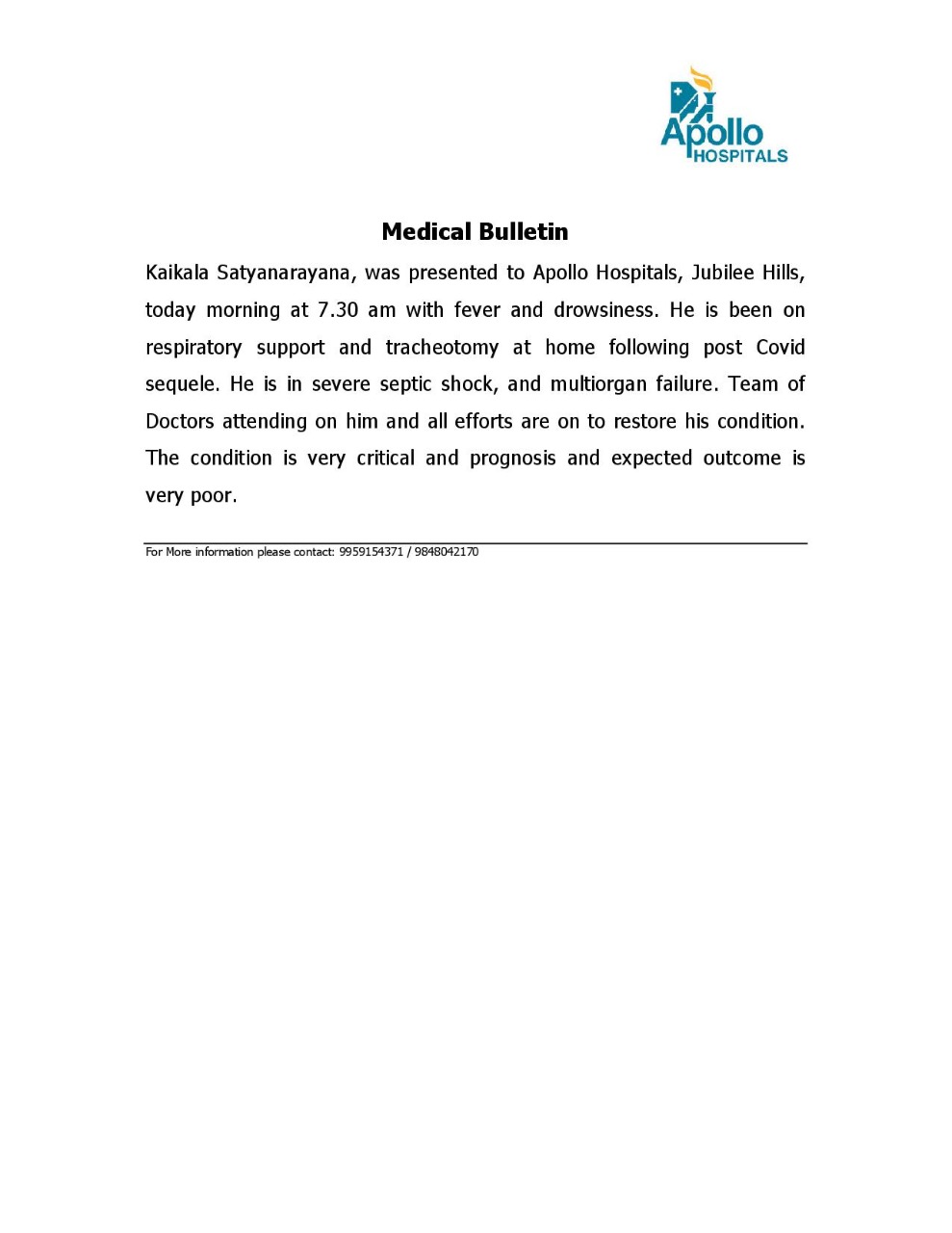 Kaikala satya narayana in serious condition
