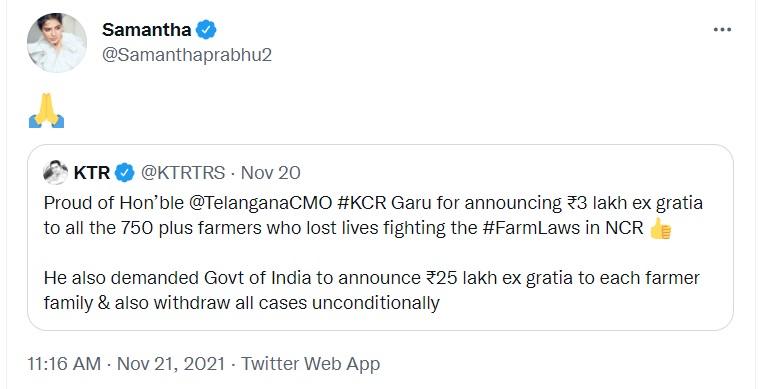 Samantha reply to ktr tweet goes viral