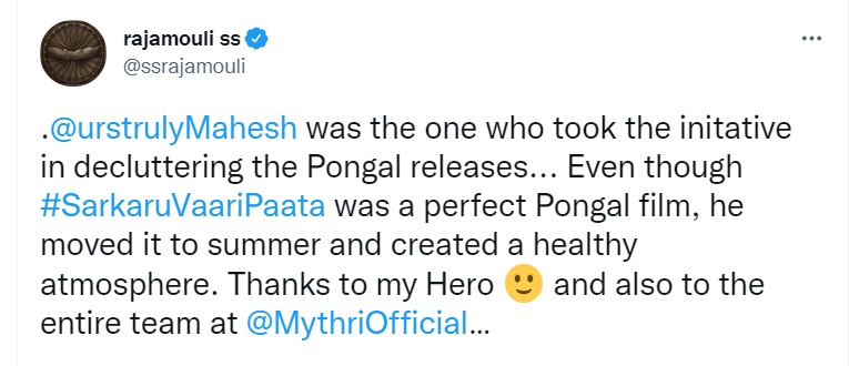 rajamouli tweets thanking mahesh babu