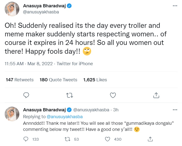 Anchor Anasuya women's day tweet goes viral