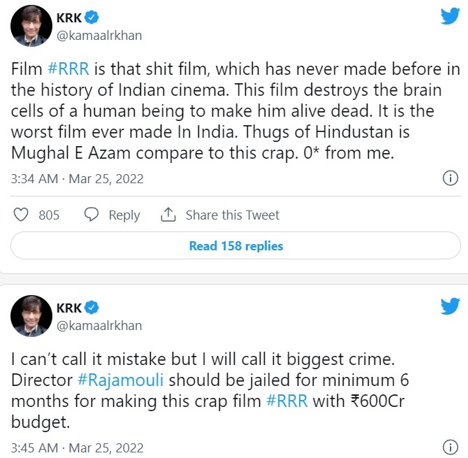 netizens troll kamaal r khan for his review on rrr