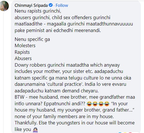 Singer chinmayi sripaada reply to a facebook post