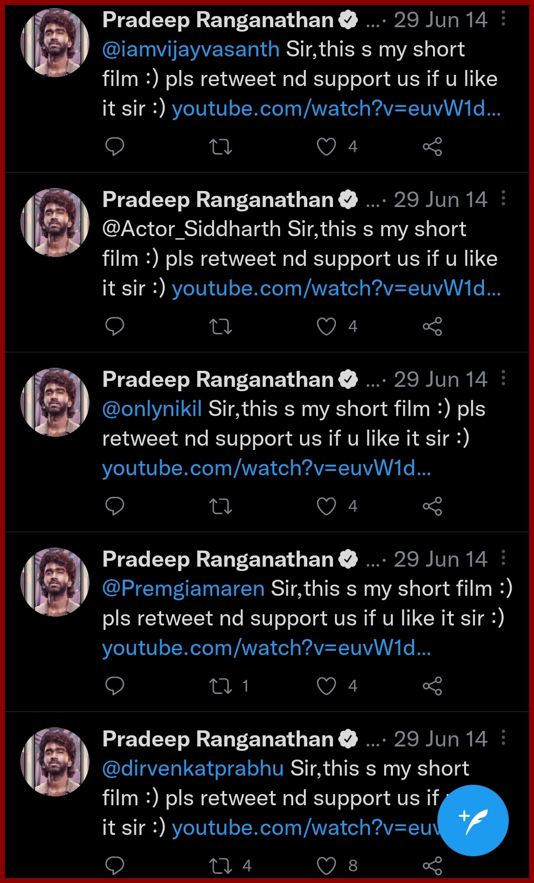 pradeep ranganathan posts asking celebrities to watch his short films
