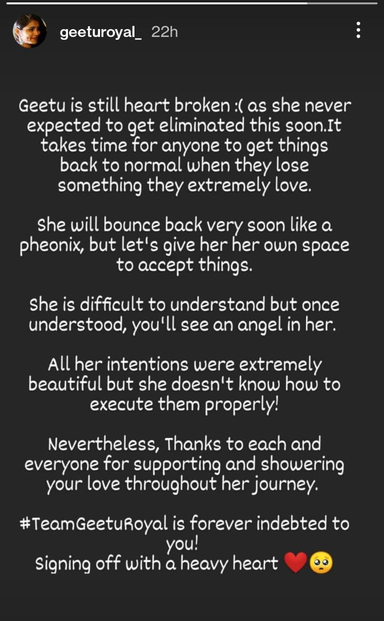 team geethuroyal's post after her elimination...