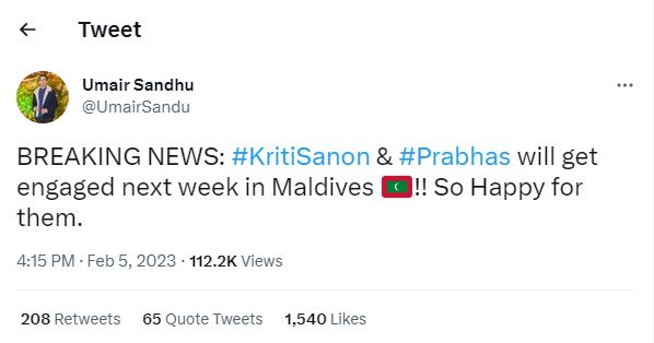 umair sandhu tweet on prabhas- kriti sanan engagemant..